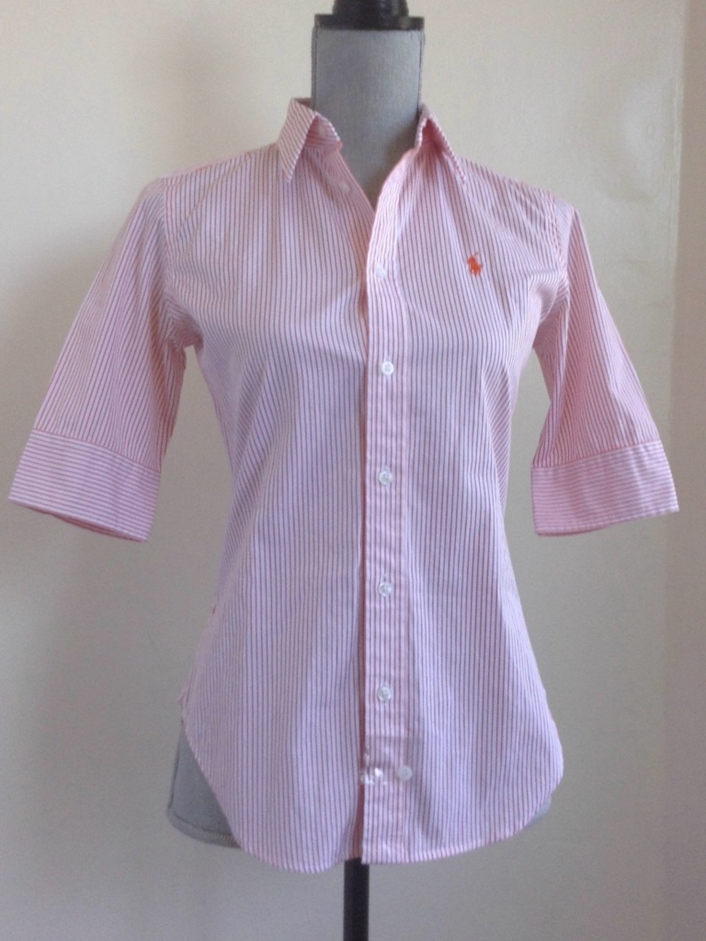 Vintage NWT Ralph Lauren Sport Super Slim Fit Pink Coral Striped Button Shirt 4 - Picture 6 of 12